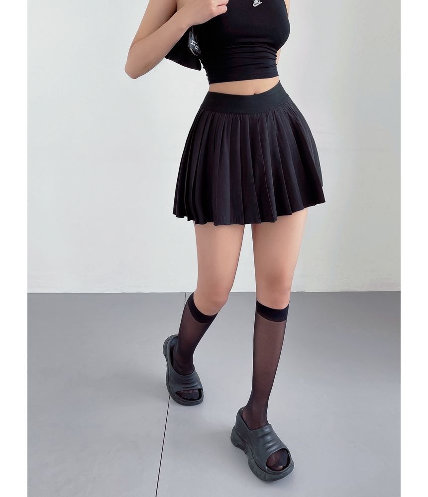 LIVIE - Elastische taille, effen accordeon geplooide mini A-lijn skort