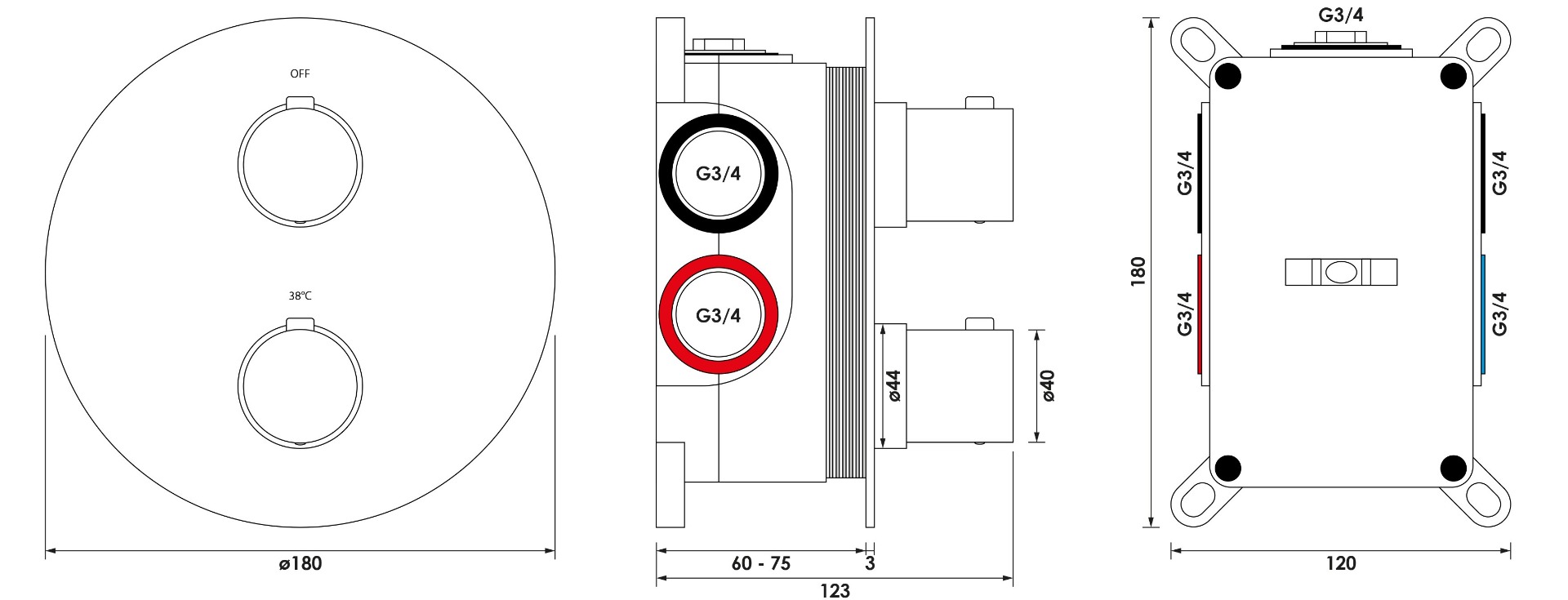 Brauer Brushed Edition 3-weg inbouwthermostaat rond RVS geborsteld PVD