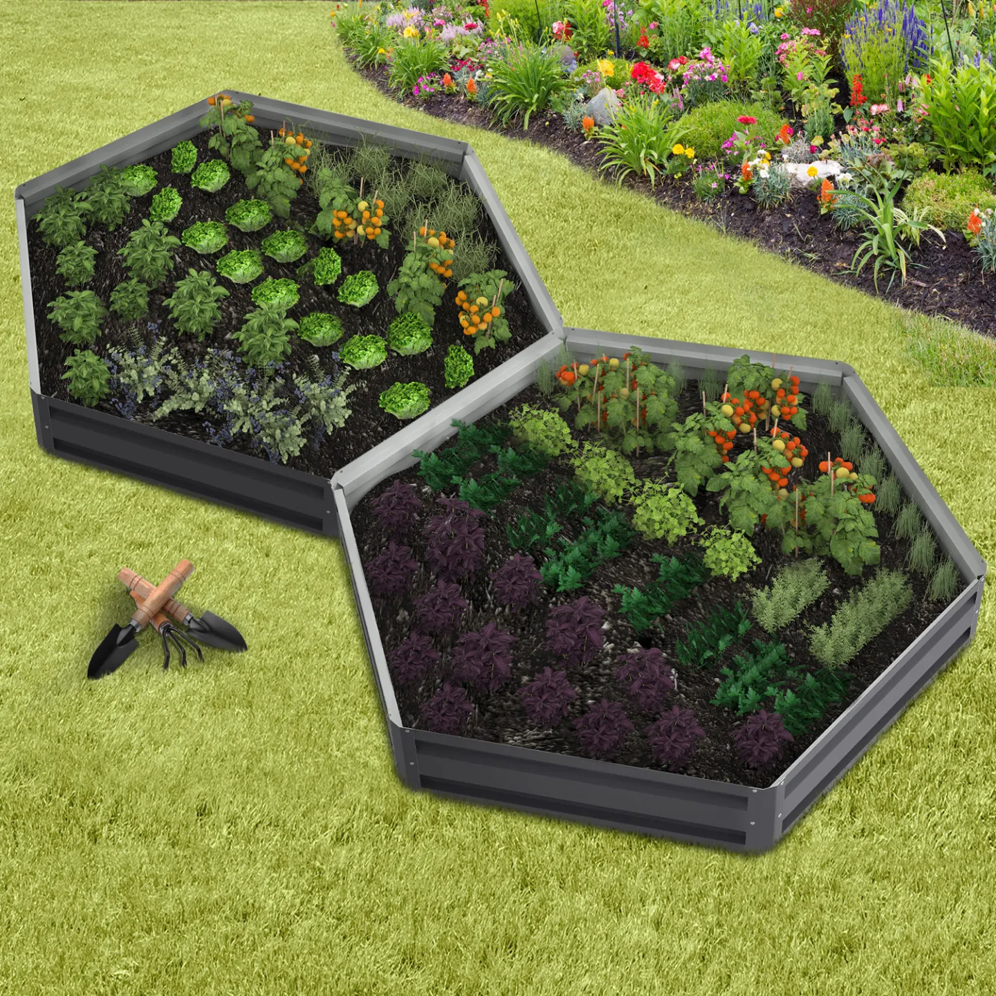 Lot de 2 carrés potager en métal châssis hexagonale 120 cm gris anthracite