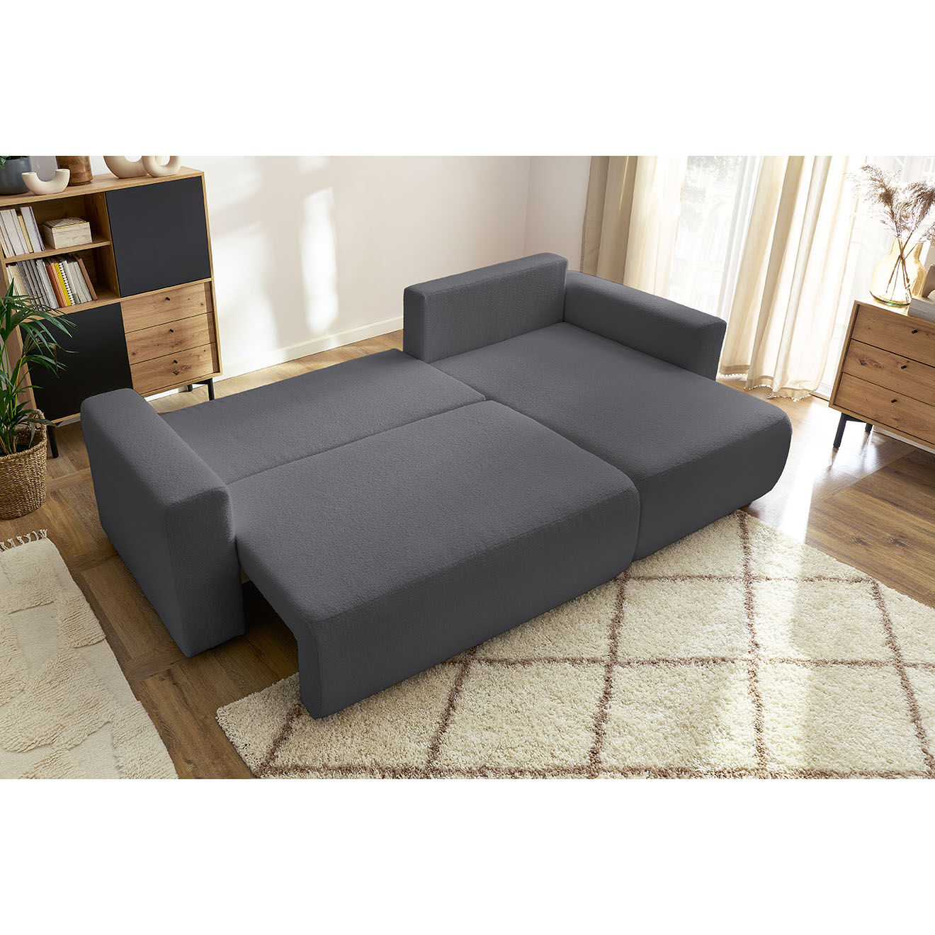 Bobochic Canapé d'angle convertible reversible bouclette Envy gris foncé - 282x153x95 cm