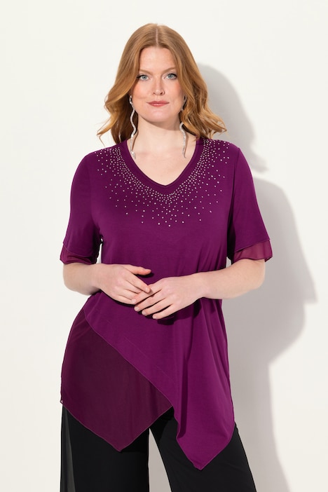 Bluse, Layering-Look, Mesh/Jersey, Zipfelsaum