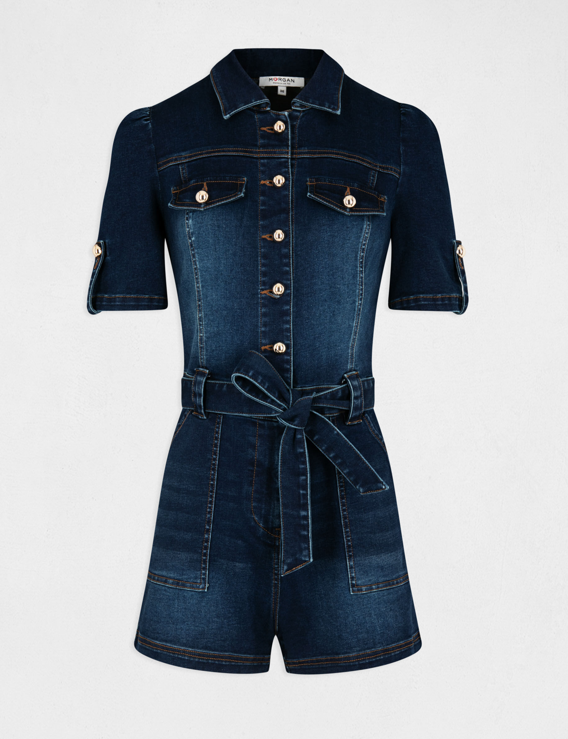 Combishort boutonnée à ceinture jean brut femme - jean_brut