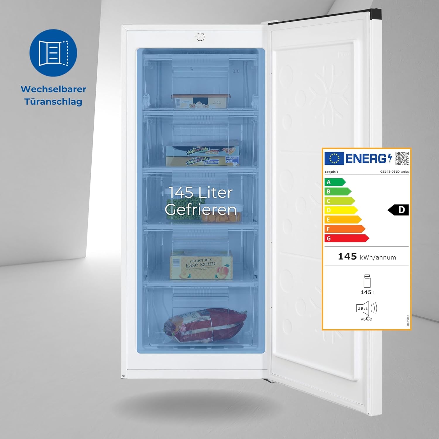 Exquisit Gefrierschrank GS145-051D weiss | Nutzinhalt: 145 L | 2*- & 4*-Gefrieren | Türanschlag wechselbar | 55 cm Breite | Standgerät