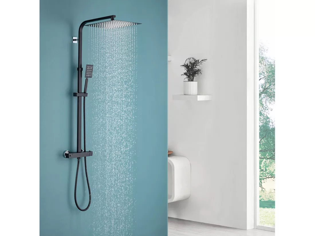Colonne de Douche Thermostatique Noir Ensemble de Douche avec Douche de Tête Supérieur Ultra-mince Hauteur Réglable pour Salle de Bain