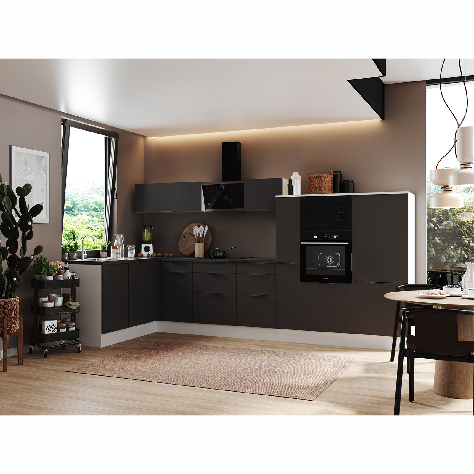 RESPEKTA Winkelküche - grau matt - weiß matt - mit E-Geräten - 370x175 cm