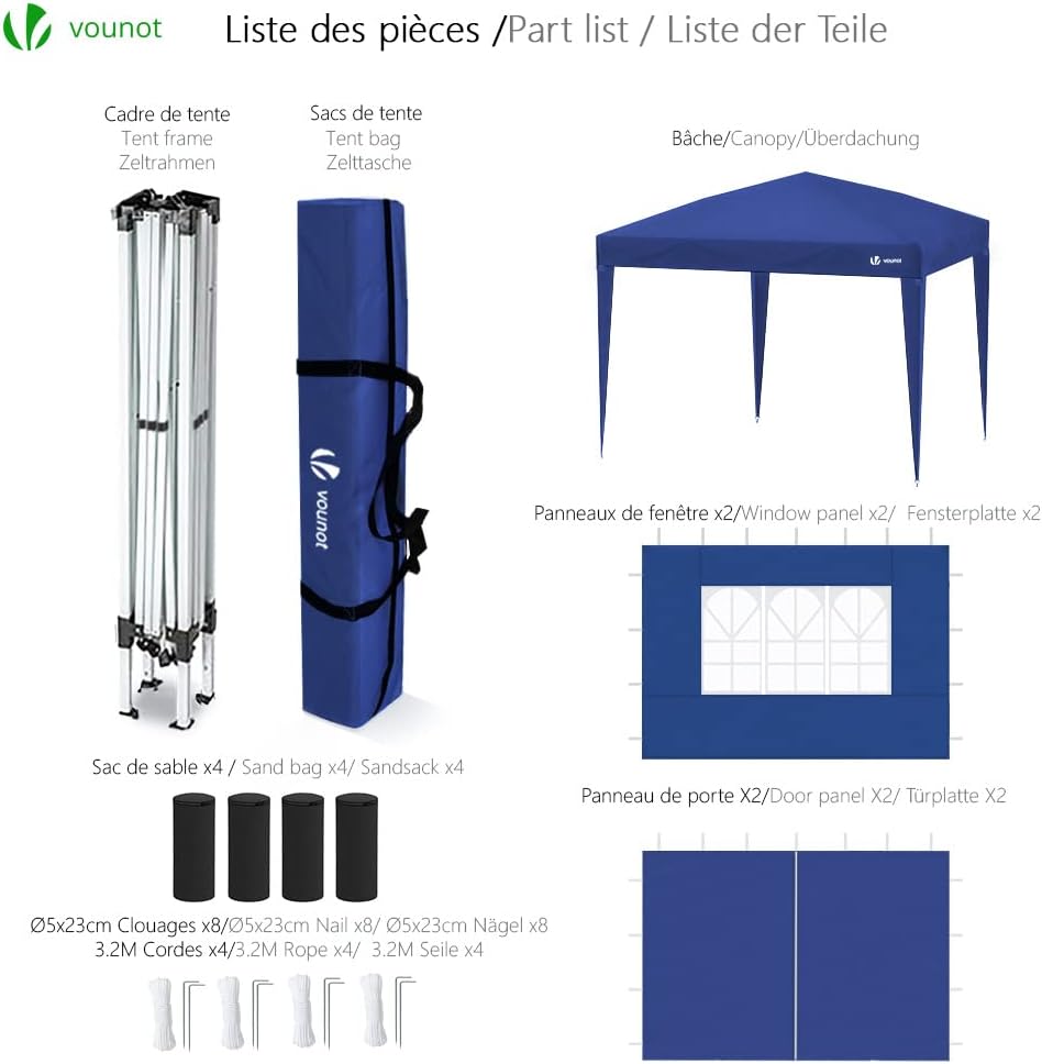 VOUNOT® Pavillon 3x3m mit 4 Seitenteilen & 4 Sandsäcke, Pop Up Faltpavillon, Faltbar Gartenzelt Partyzelt, inkl. Tasche, Blau