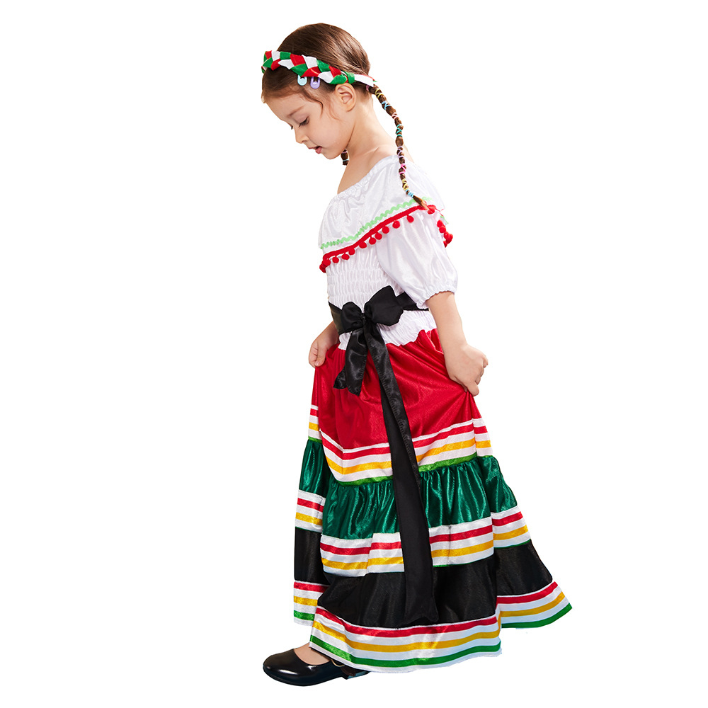 (110-120cm) Fasnachts Kinder Kostüm Mexikanische Senorita Verkleidung für Motto Partys / Halloween inkl. Haarreif - Weiss / Rot
