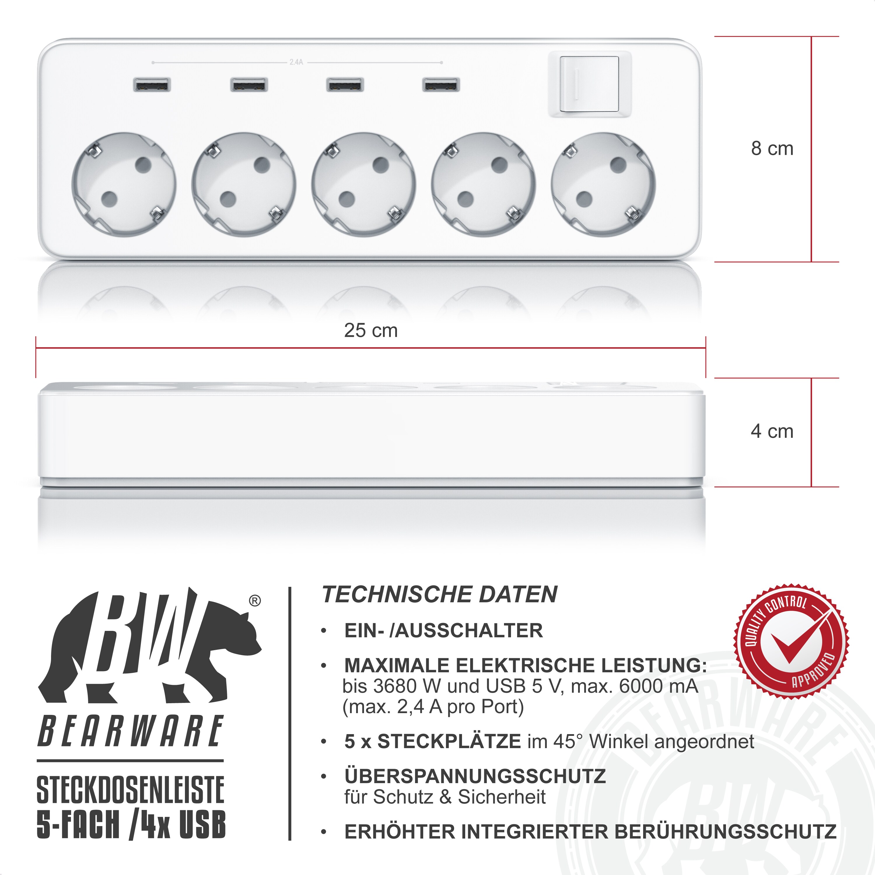 BEARWARE Steckdosenleiste Mehrfachsteckdose Steckerleiste 3680W, 5-fach