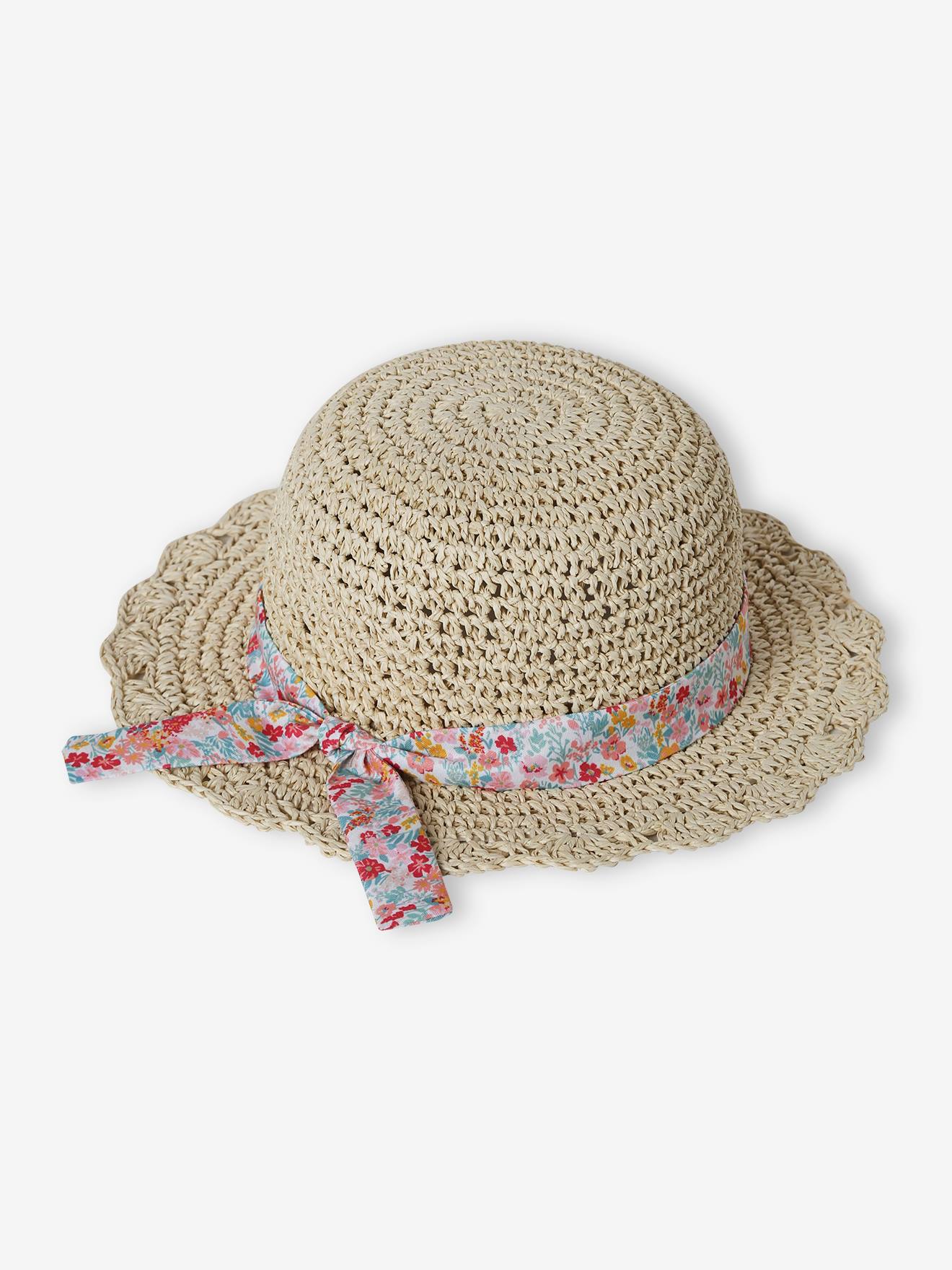 Chapéu de crochê com aparência de palha e laço estampado para meninas, bege areia