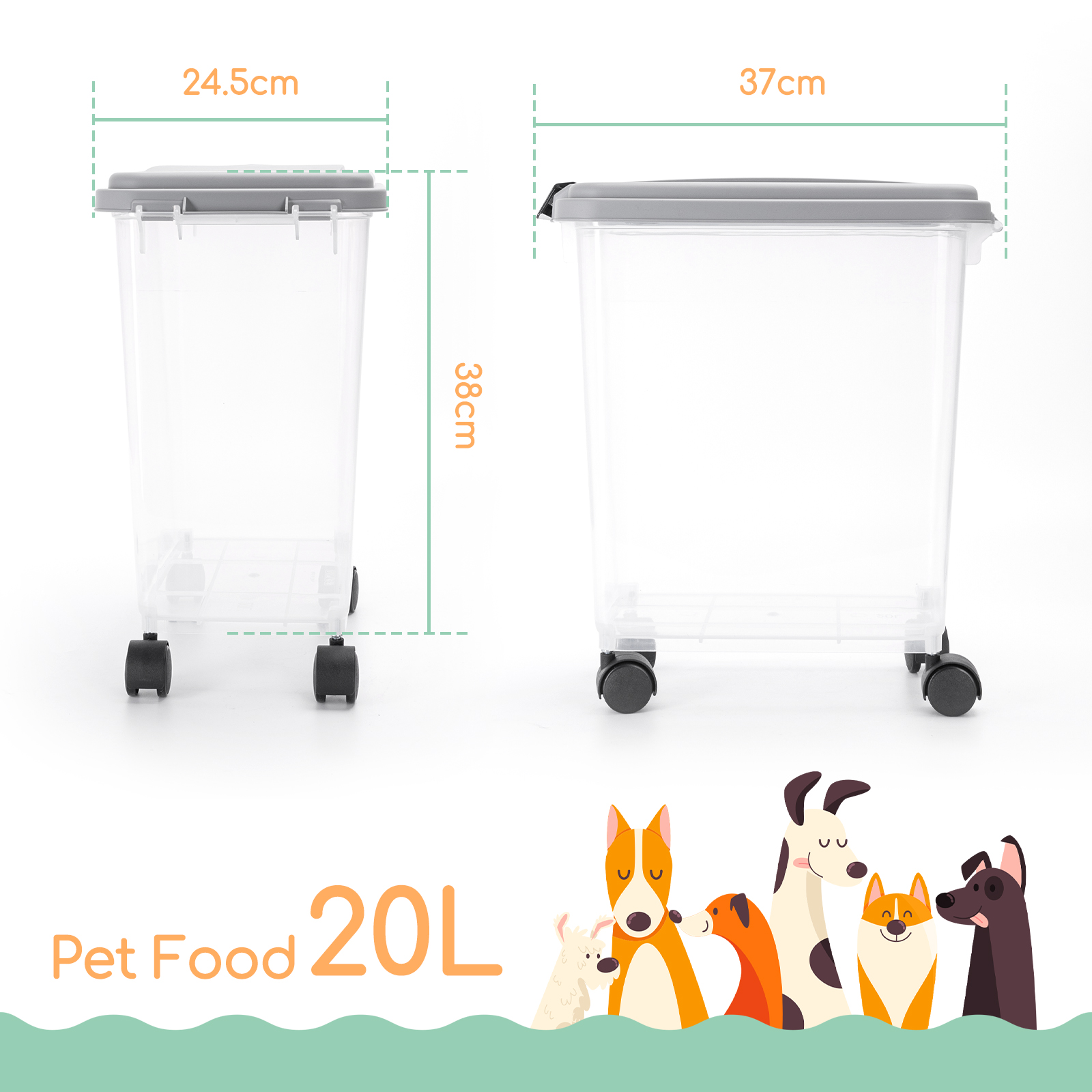 Nobleza - Recipiente para ração de 20 litros, caixa para ração com rodas, tampa articulada, hermética, transparente, com rodas e pá, para ração de cães e gatos, cinza.