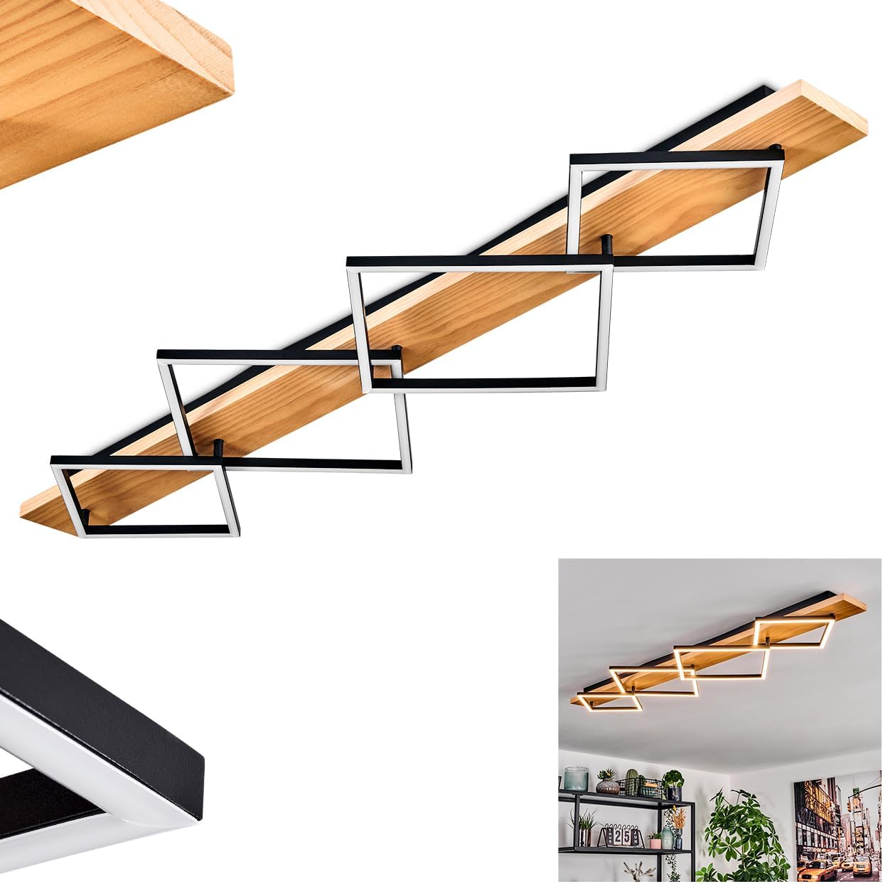 HOFSTEIN LED Deckenleuchte Pompu, Deckenlampe aus Metall/Holz/Kunststoff in Natur/Schwarz/Weiß, 56 Watt, 7600 Lumen, 3000 Kelvin, moderne Leuchte für Schlafzimmer, Esszimmer, Wohnzimmer, Küche, Flur