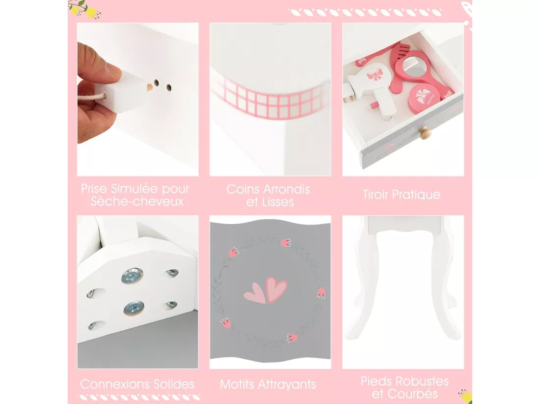 2 en 1 Coiffeuse Enfants avec Tabouret & Miroir Détachable à 3 Volets, Table de Maquillage en Motif Couronne avec 10 Jouets d'Habillage, Tiroir Pratique, Charge 50kg pour Enfants de 3 Ans+