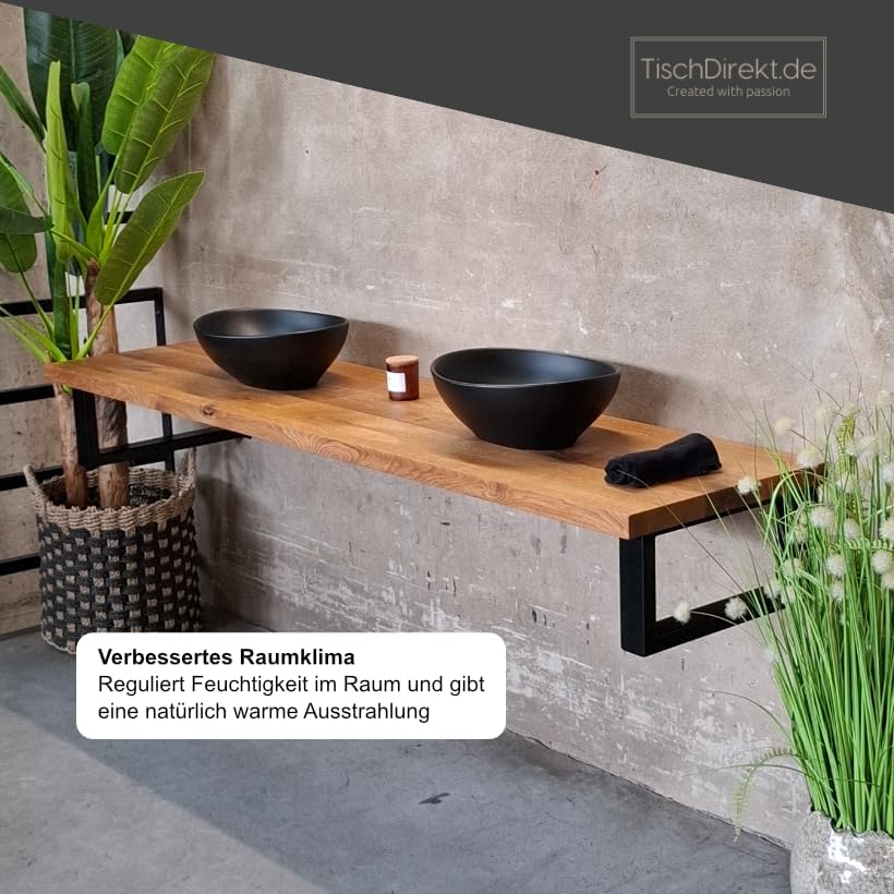MyTimber® Waschtischplatte aus Eiche Massivholz | 4cm Starke Eichenbohlen | Ideal für Aufsatzwaschbecken | Baumkante oder gerade Kante (Gerade Kante - Gespachtelt & geölt, 60x50cm)