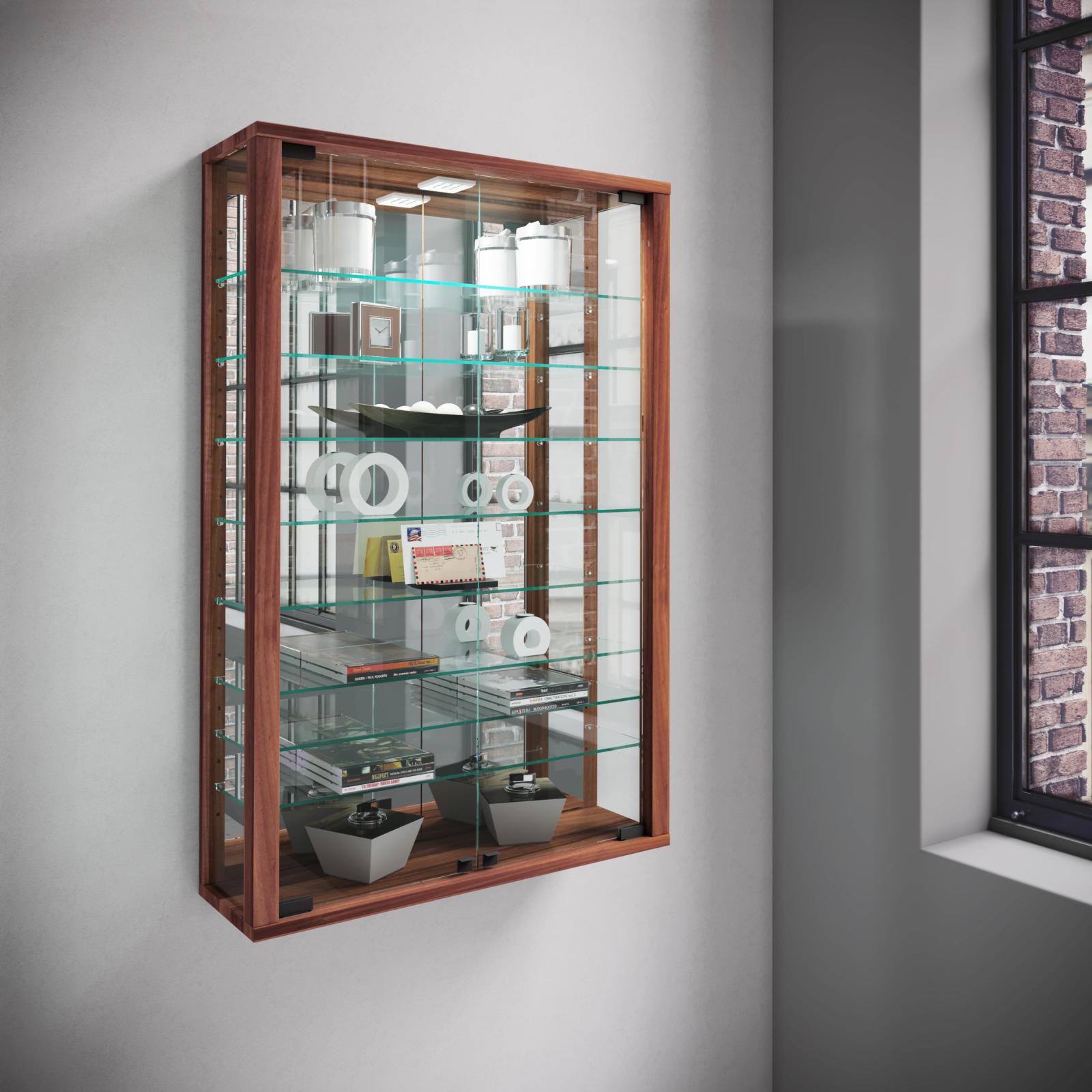 Wandvitrine VITROSA MINI - Kern-Nussbaum - mit Rückwandspiegel - 59 cm