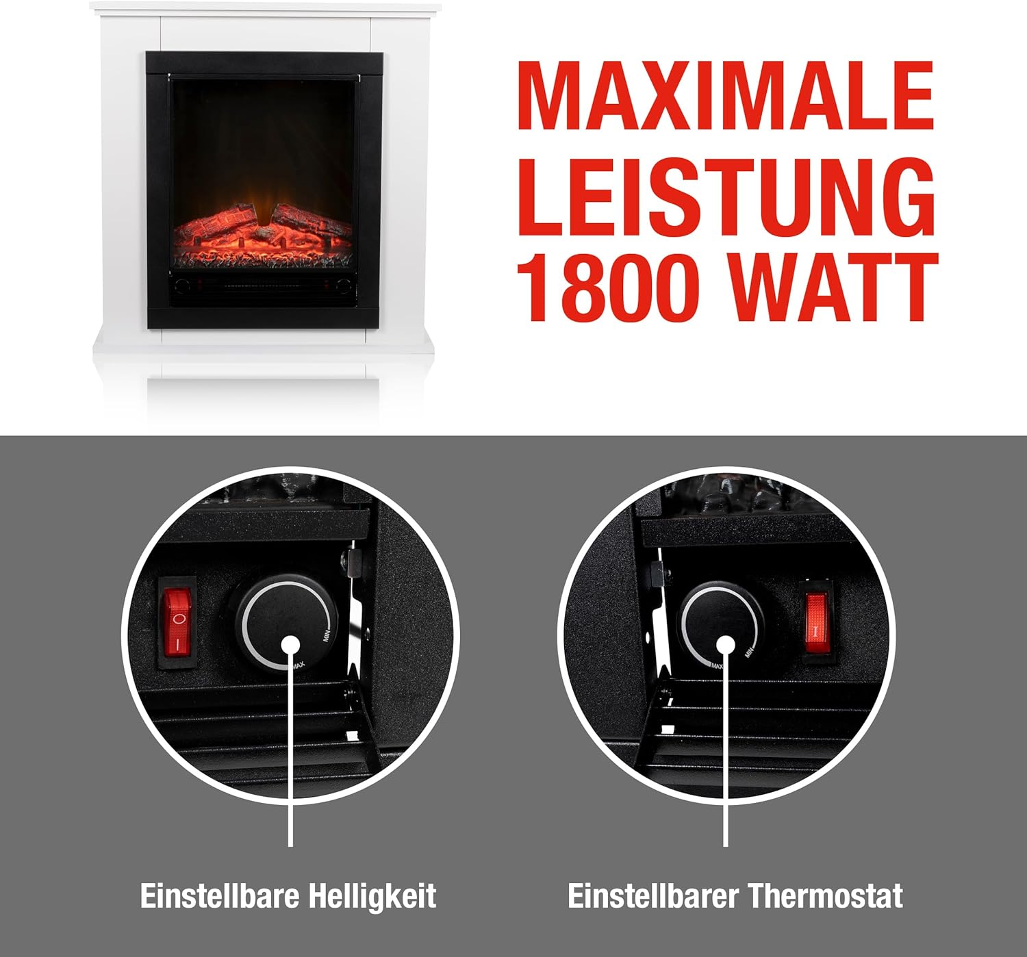 alpina Geneva Elektrokamin mit Heizung – Elektroheizung 1800W - Kaminofen mit Heizung, Schalttafel und Timer - Elektroherd mit LED-Flammen - Freistehend - Weiß