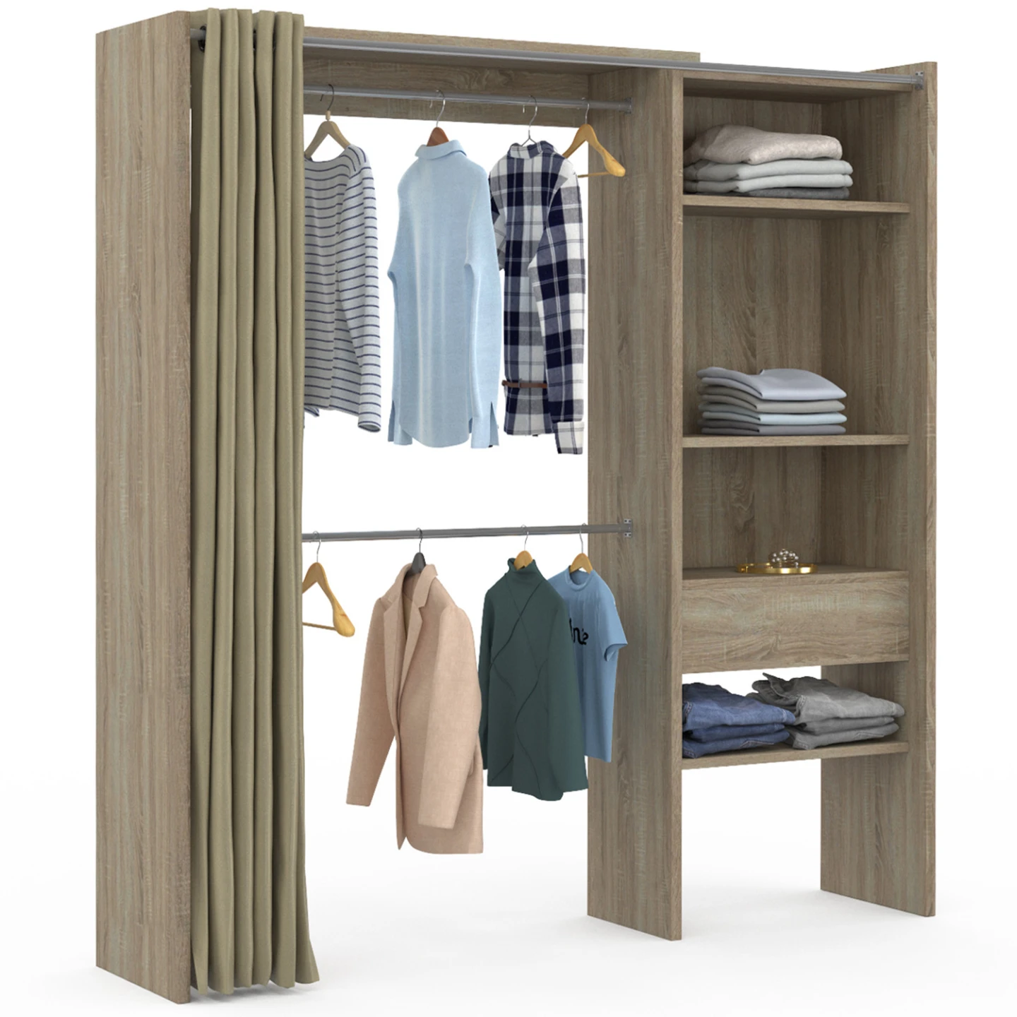 Dressing extensible MARTY 120/170 x 50 x 180 cm hêtre avec étagères + double penderie + rideau taupe