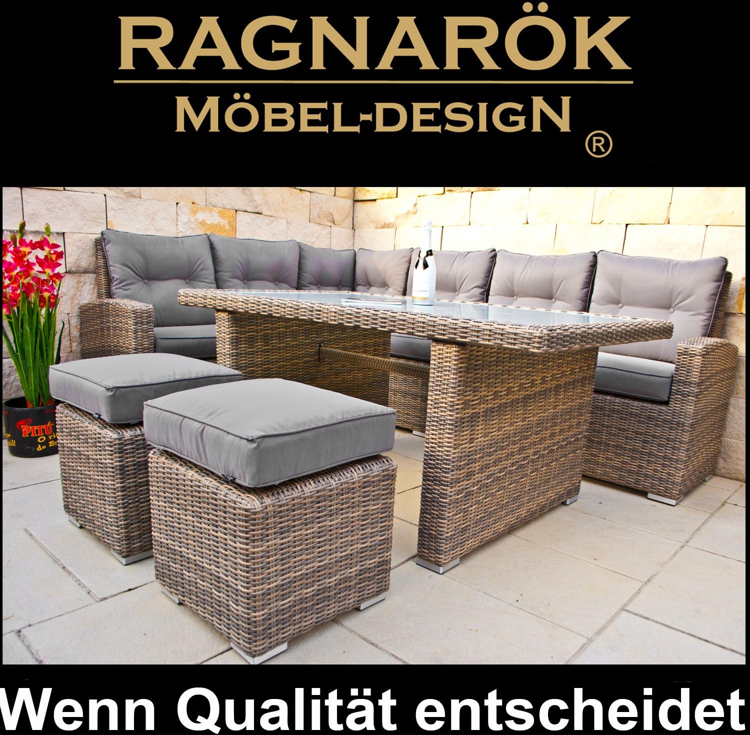 Premium PolyRattan Dining lounge - Deutscher Hersteller - 8 Jahre GARANTIE - Aluminium Gartenmöbel Essgruppe Polster Sitzkissen Grau Natur Rostfrei Esstisch Rattan Garten Sitzgruppe Tisch