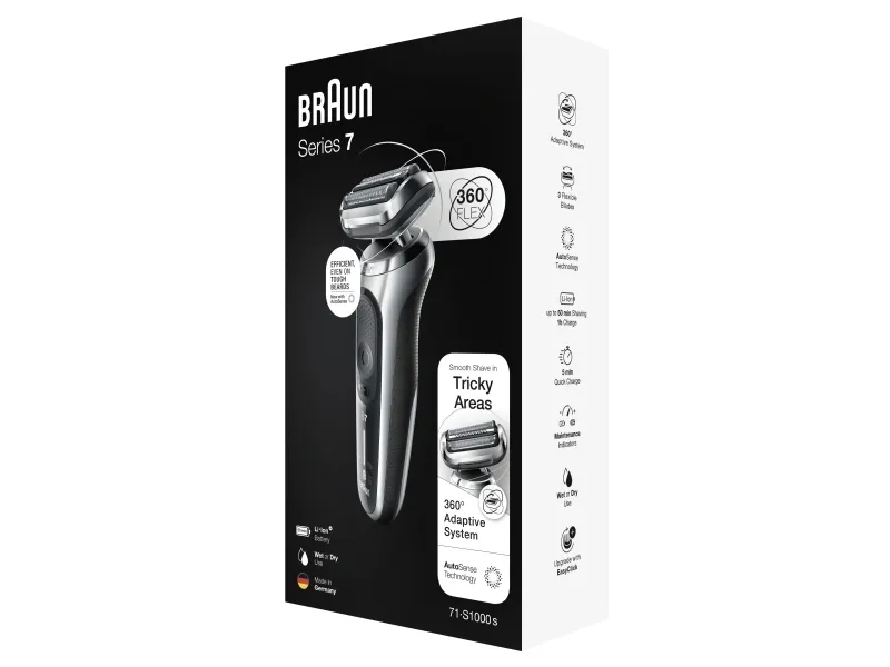 Braun Series 7 71-S1000s, Folie shaver, Sølv, AutoSense, 360° Adaptive system, Knapper, LED, Batteri