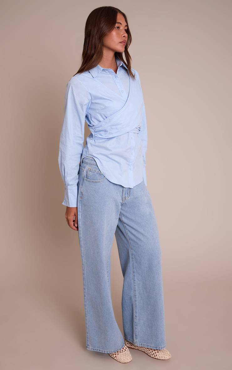 Bleu Clair Chemise Longue En Coton Avec Détail Cache-cœur