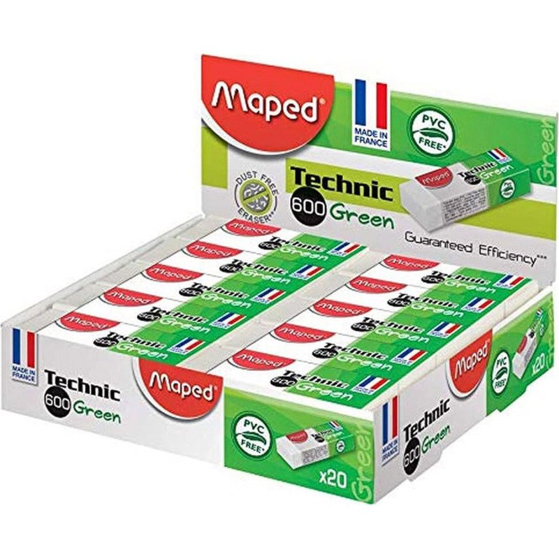 Gomme plastique Technic 600 Green Maped, présentoir de 20