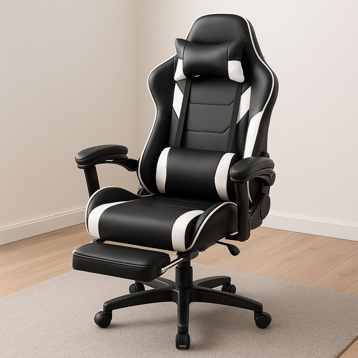 Schwarz-Weiß PU-Leder Gaming Stuhl mit Kopf- und Fußstütze