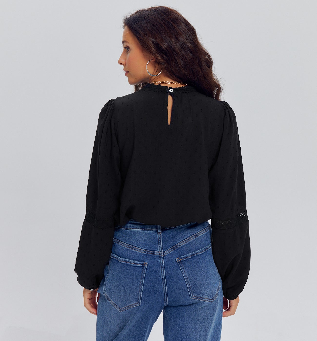 Blouse rétro brodée Femme - Noir