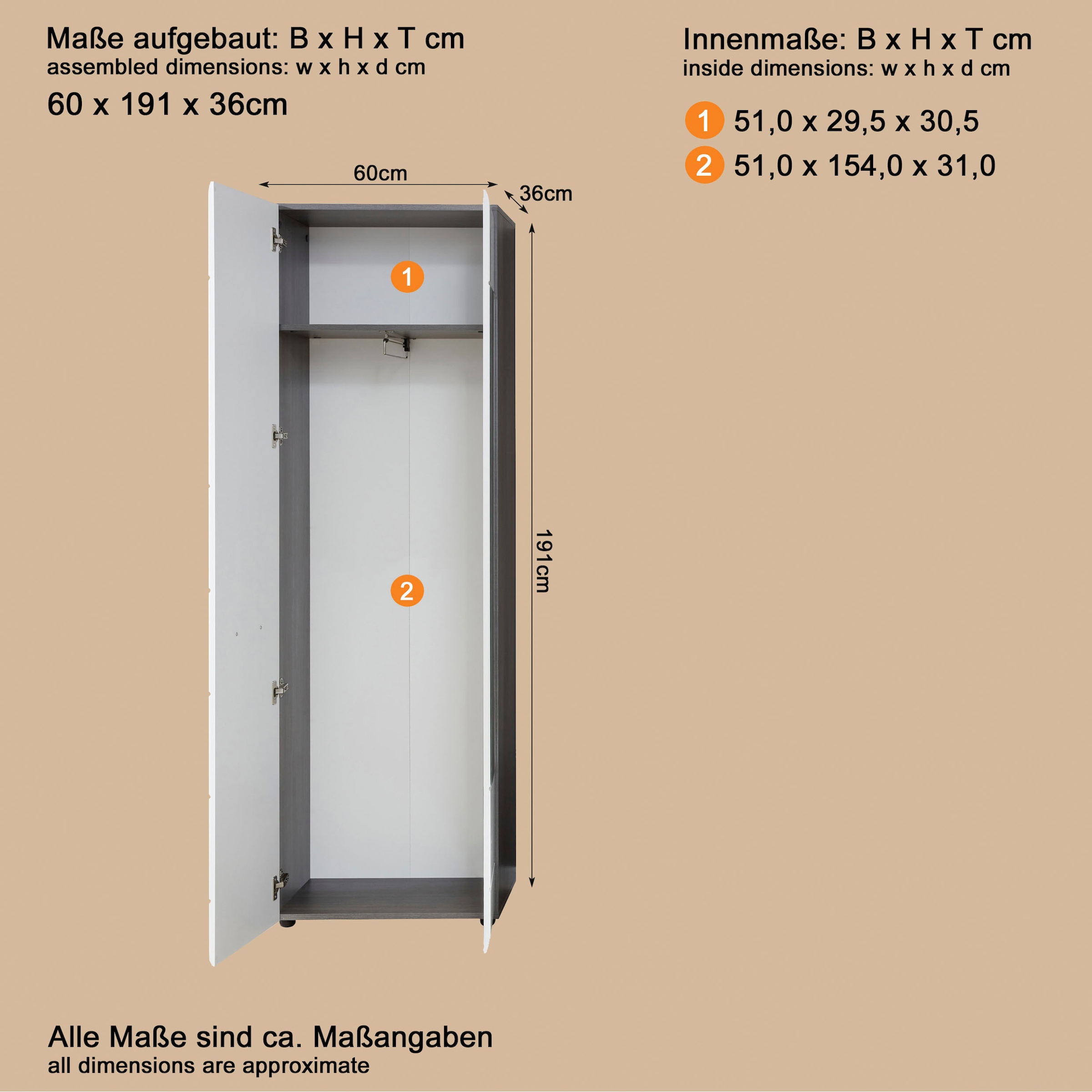 INOSIGN Garderobenschrank »Sovana« Garderobenschrank mit 2 Türen & Spiegel - (B/T/H) 60/36/191 cm