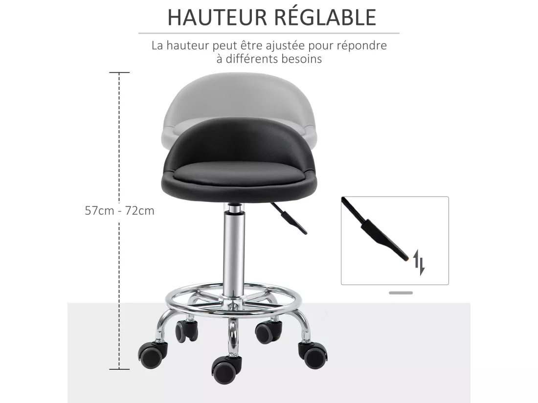 Lot de 2 tabourets de travail massage réglables - dossier ergonomique - acier chromé PU noir