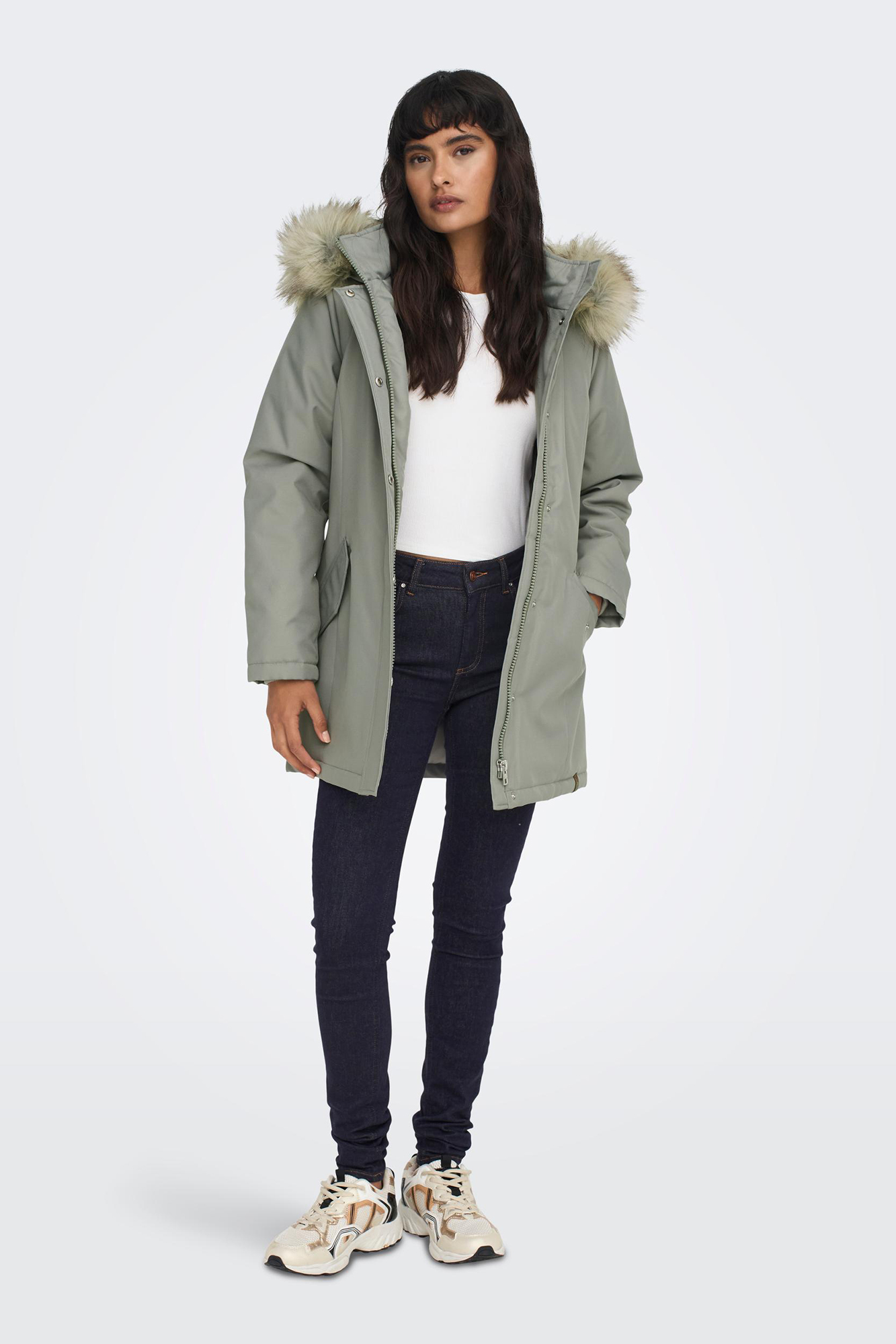 Parka midi com capuz removível