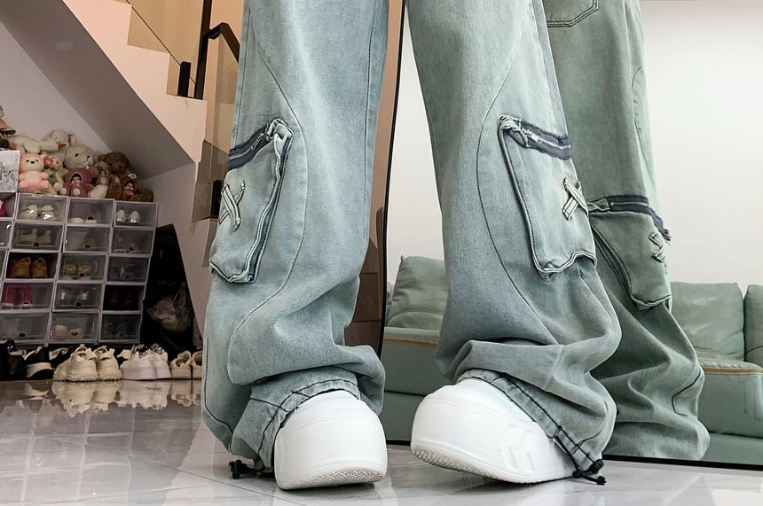 Porstina - Mid Rise Washed Wide Leg Cargo Jeans