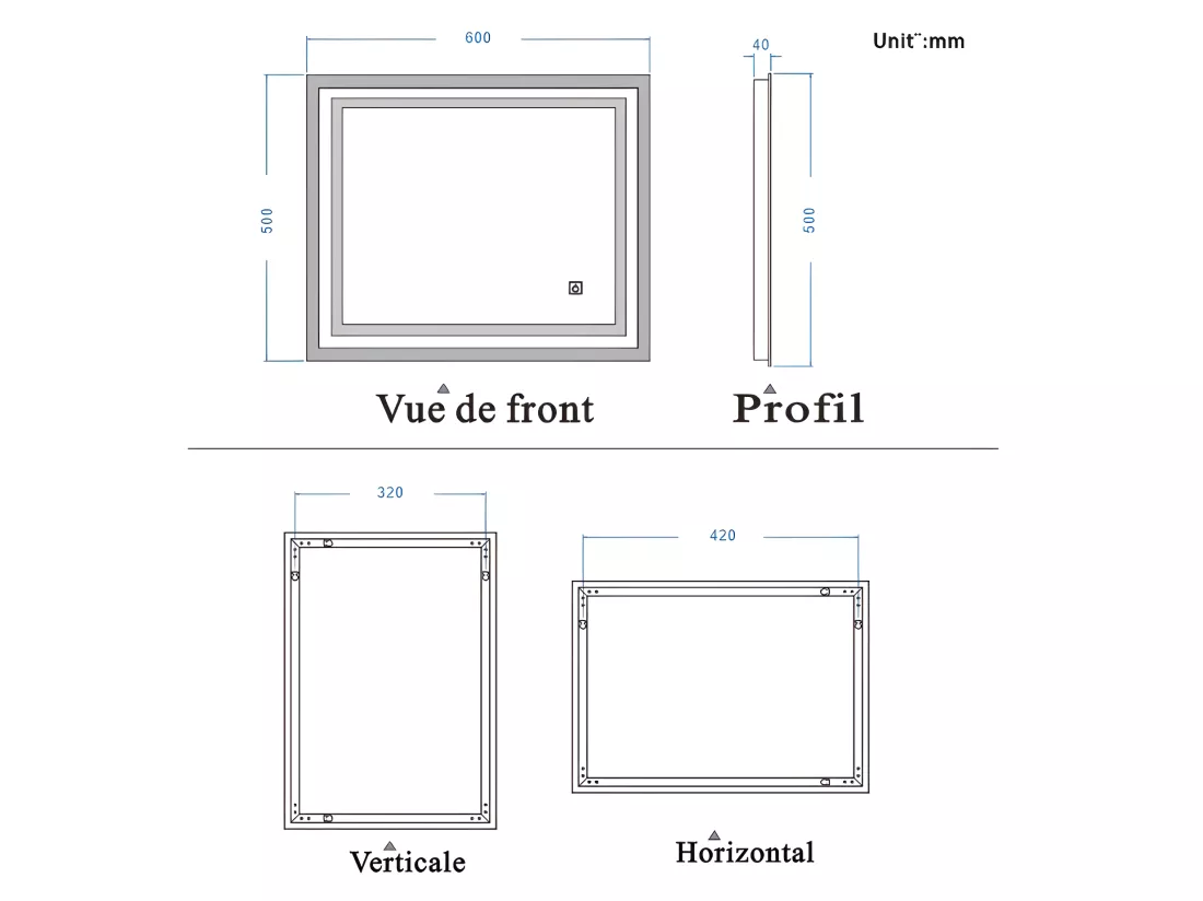 Miroir de Salle de Bain Miroir Lumineux LED Anti-buée Vertical / Horizontal 60*50cm Aica