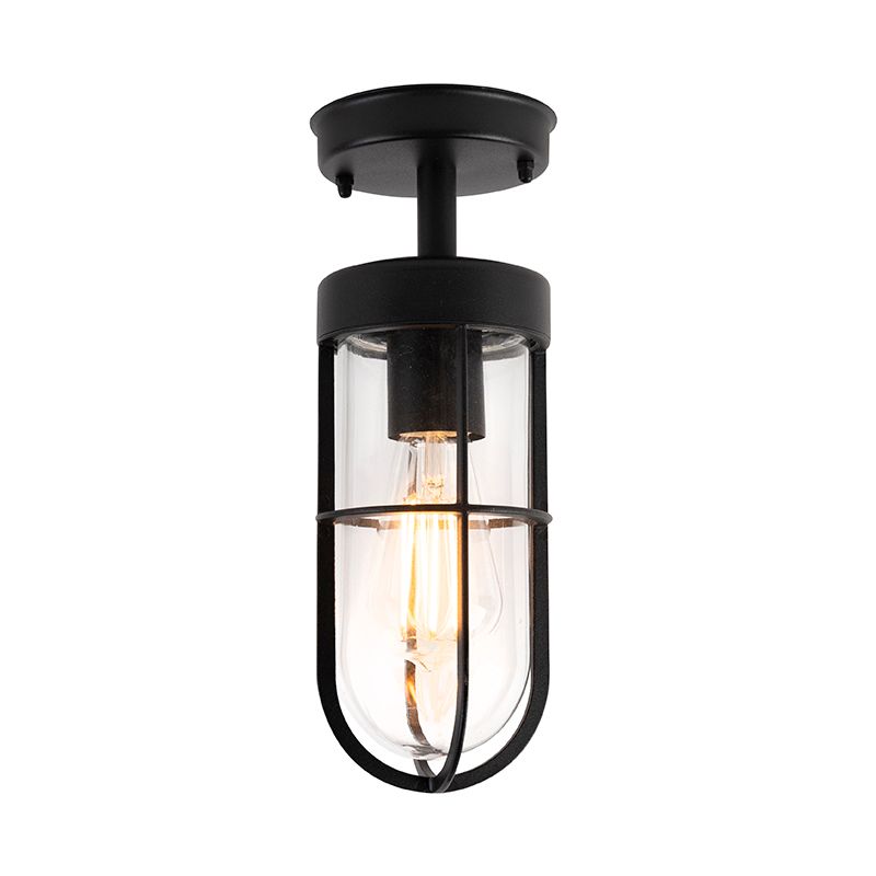 Landelijke buitenplafondlamp zwart met glas IP44 - Elza
