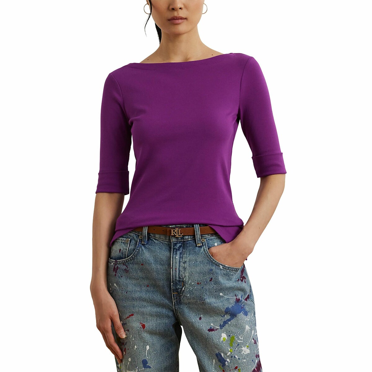 LAUREN RALPH LAUREN<br>Camiseta com decote canoa e mangas curtas