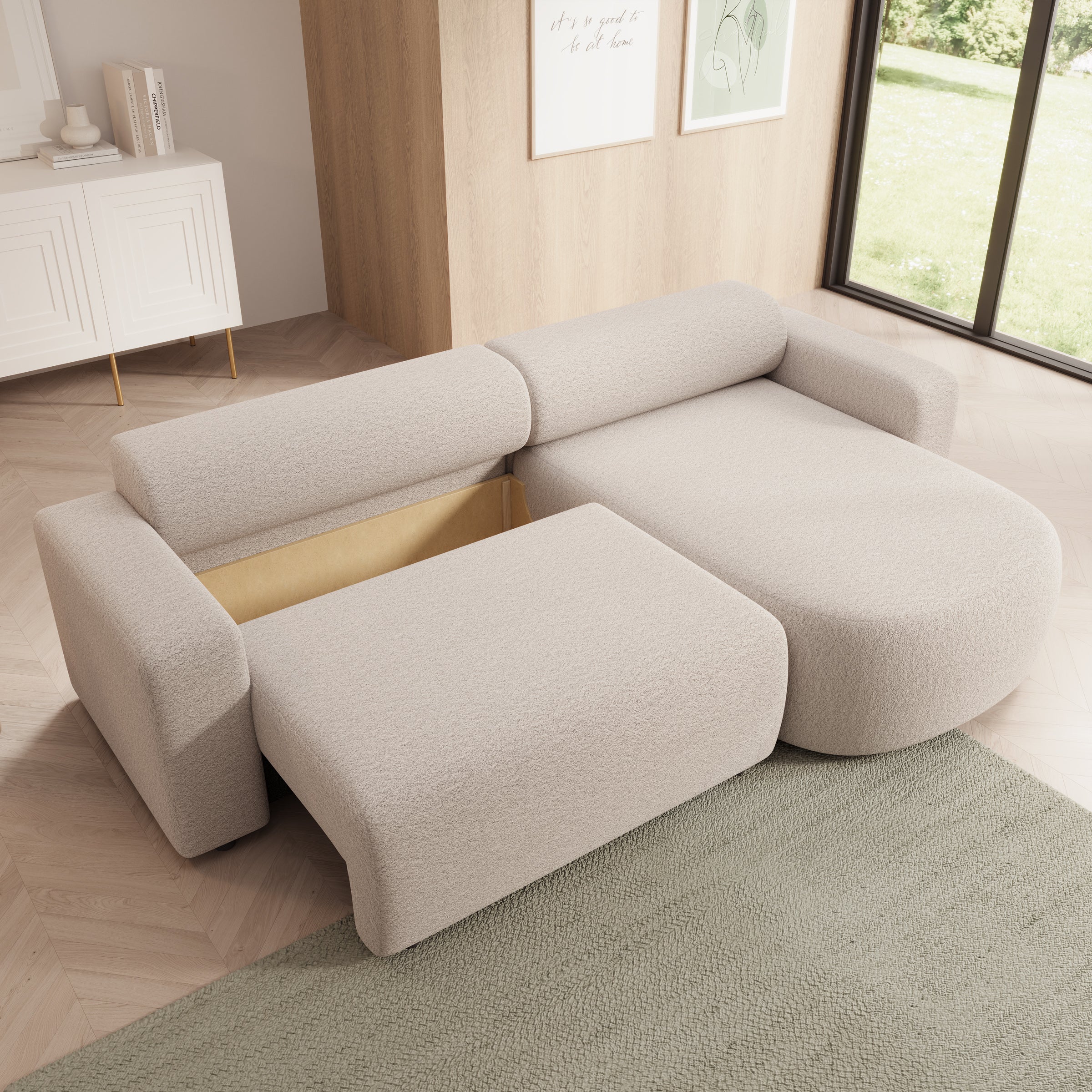 Tripp - Hoekbank 3-zits met slaapfunctie - Stof beige - Universeel