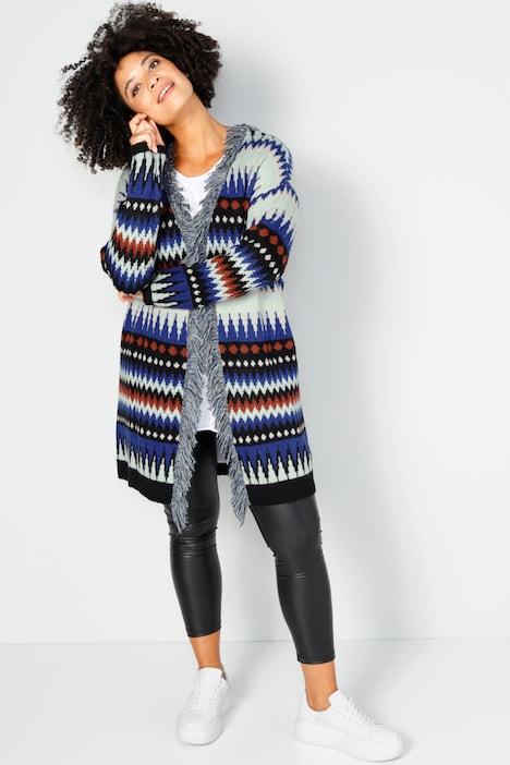 Long-Strickjacke, oversized, Zackenmuster, offene Form, Fransenkante