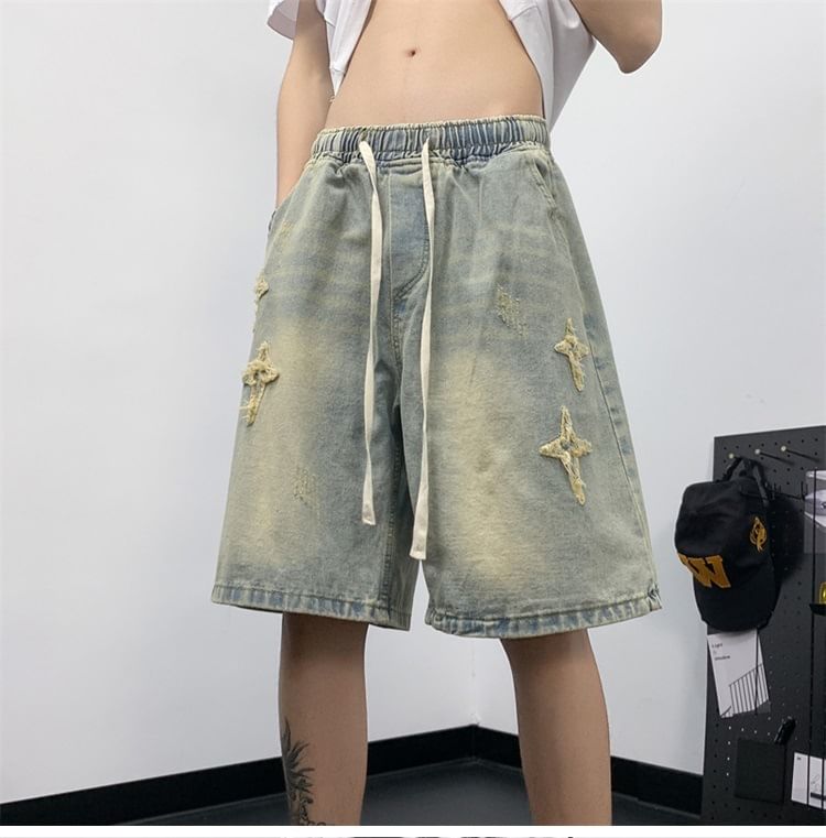 Hushgrain - Gewassen denim shorts met trekkoord en sterrenapplicatie