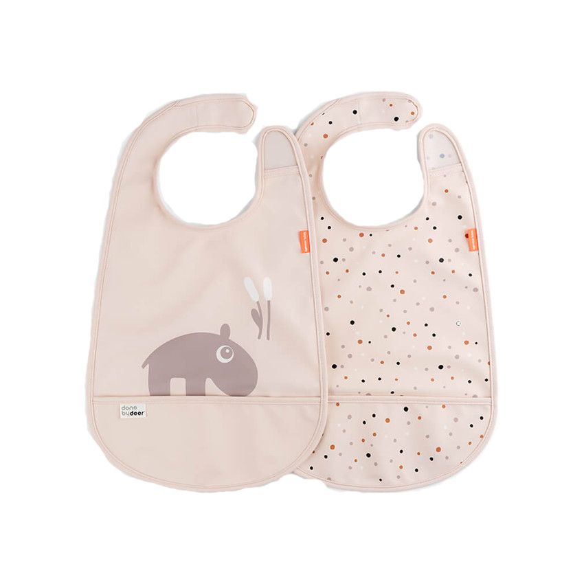 Lot de 2 bavoirs avec attache en velcro - Rose - Ecru