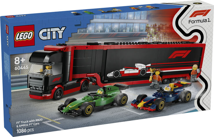 Lego F1-lastbil med RB20 og AMR24 F1-biler 60445