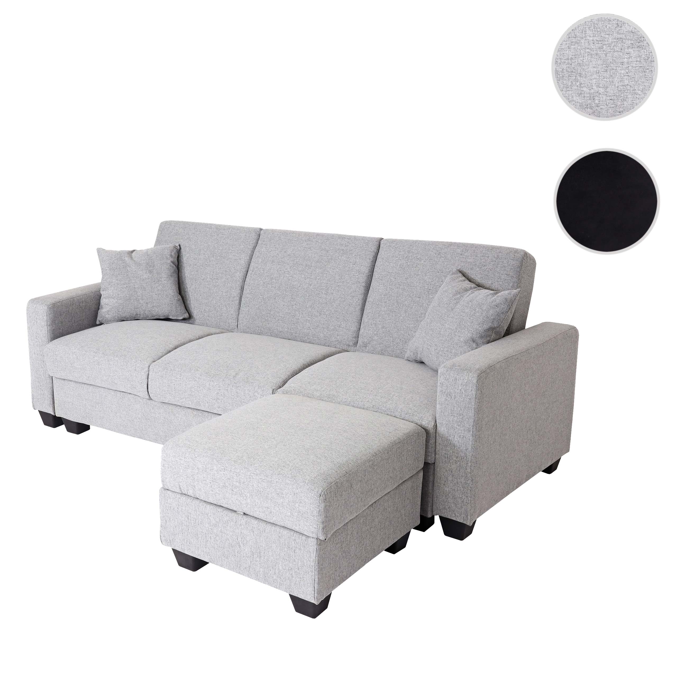 Sofa MCW-H47 mit Ottomane, Couch Sofa Gästebett, Schlaffunktion Stauraum 217x145cm ~ Stoff/Textil hellgrau