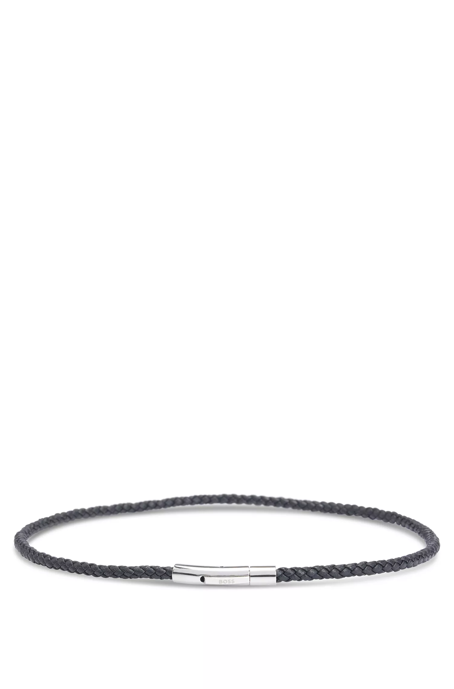 Bracelete BOSS preto em couro italiano trançado duplo com fecho com logotipo.