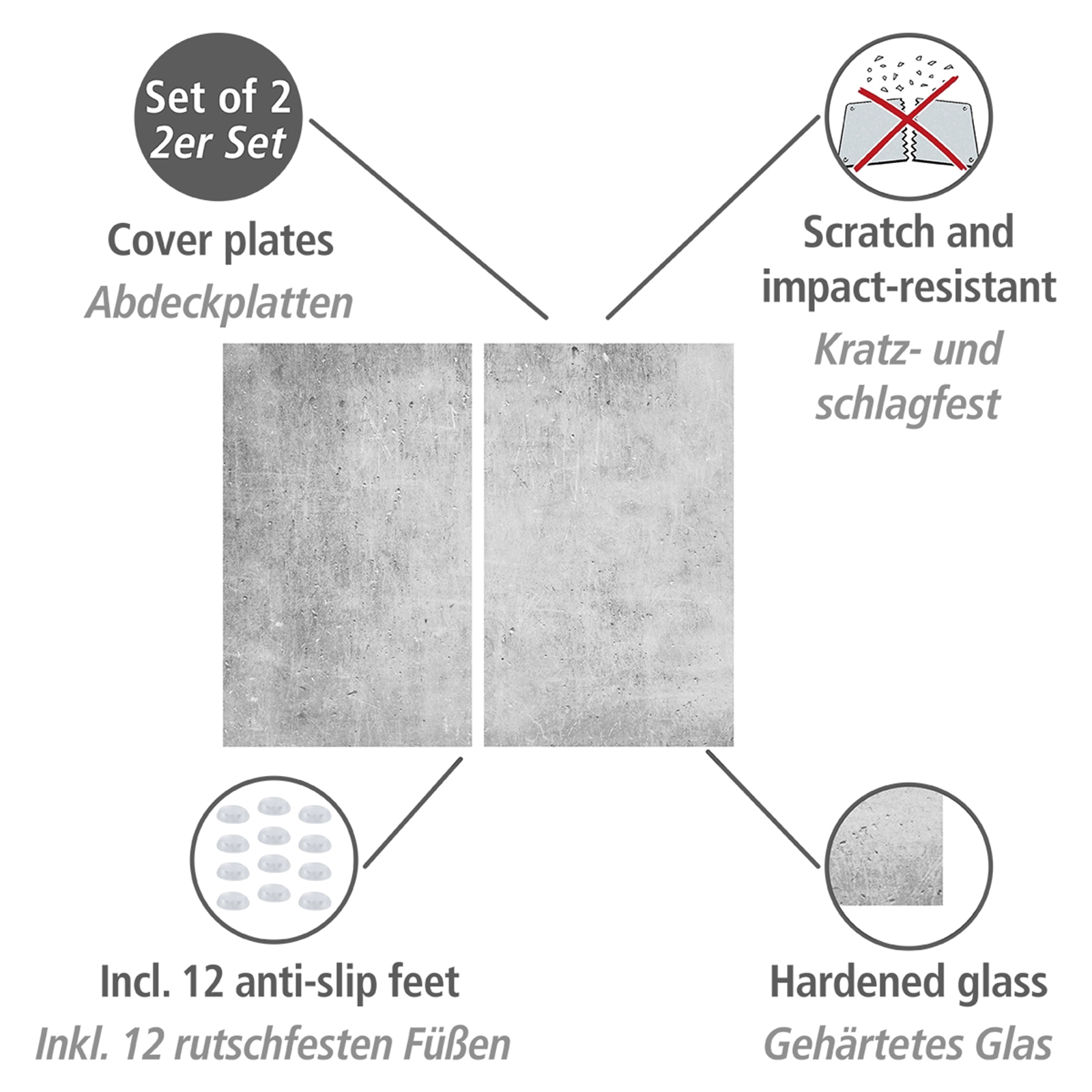 2er-Set Glasabdeckplatten - grau - Beton
