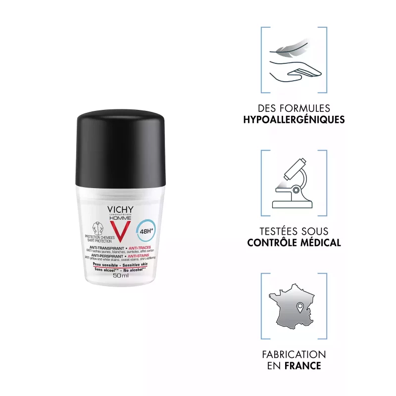Vichy Homme Déodorant Bille 48H Anti-Transpirant Anti-Traces Protection Chemise - Lot 2x50ml