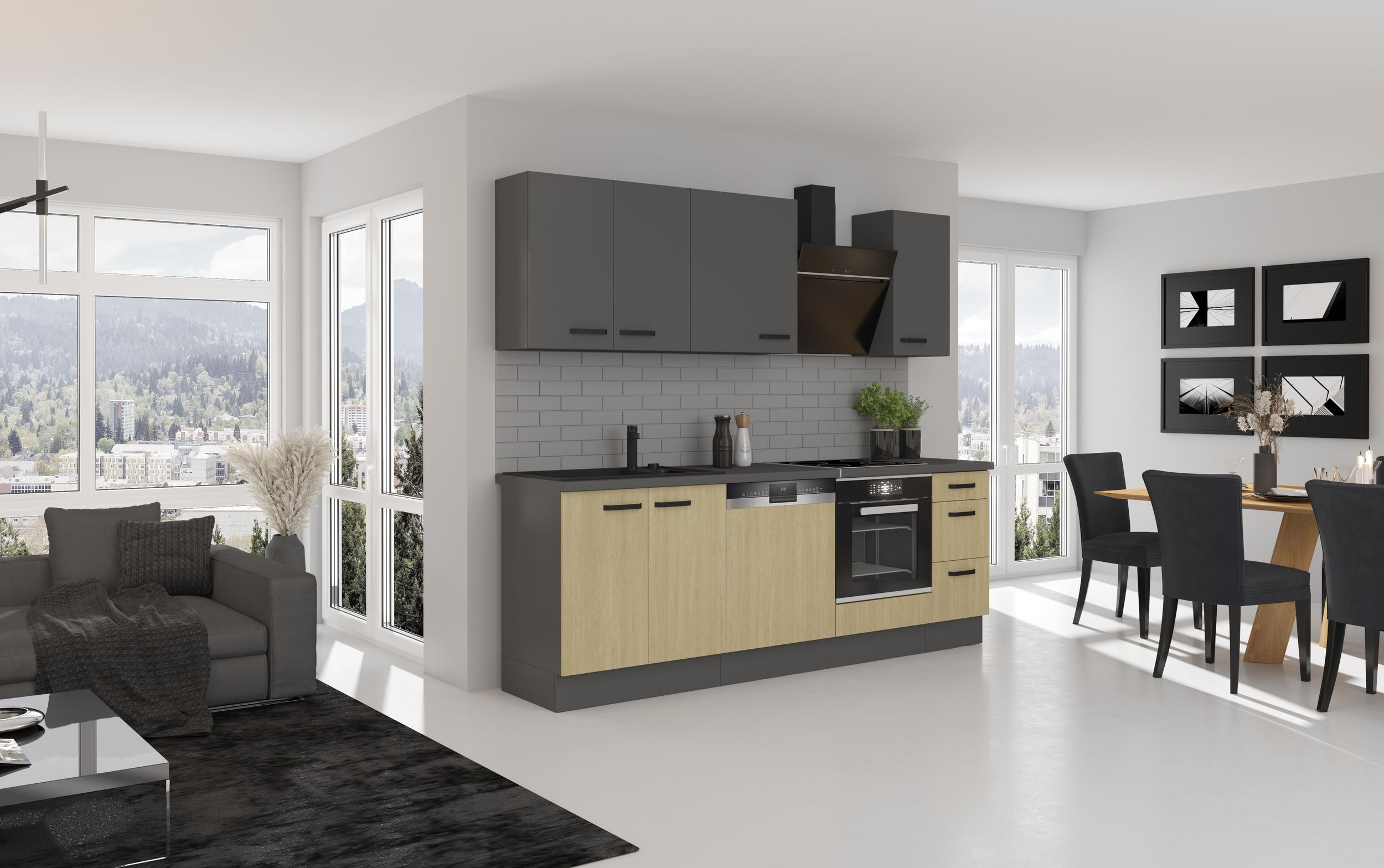 Küche SCANDI + NESSA Basic 240 cm Fischgrät Optik Grau Küchenzeile Küchenblock