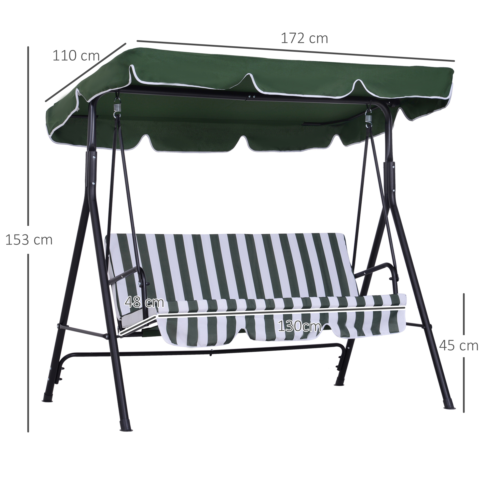 Cadeira de balanço de jardim Outsunny de 3 lugares com cobertura, teto impermeável com ângulo ajustável para pátio externo, varanda, carga máxima de 200 kg, aço, 172x110x153 cm, verde
