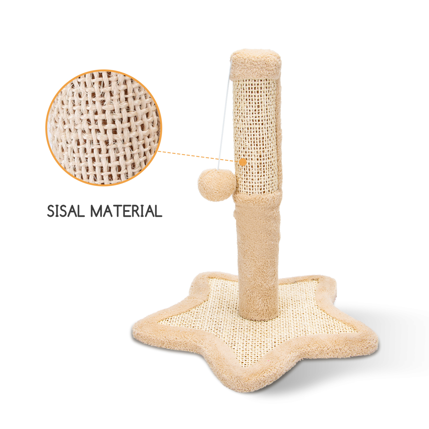 Arranhador para Gatos Nobleza em Sisal Natural com Bola, 33,5 x 33,5 x 38 cm, Bege