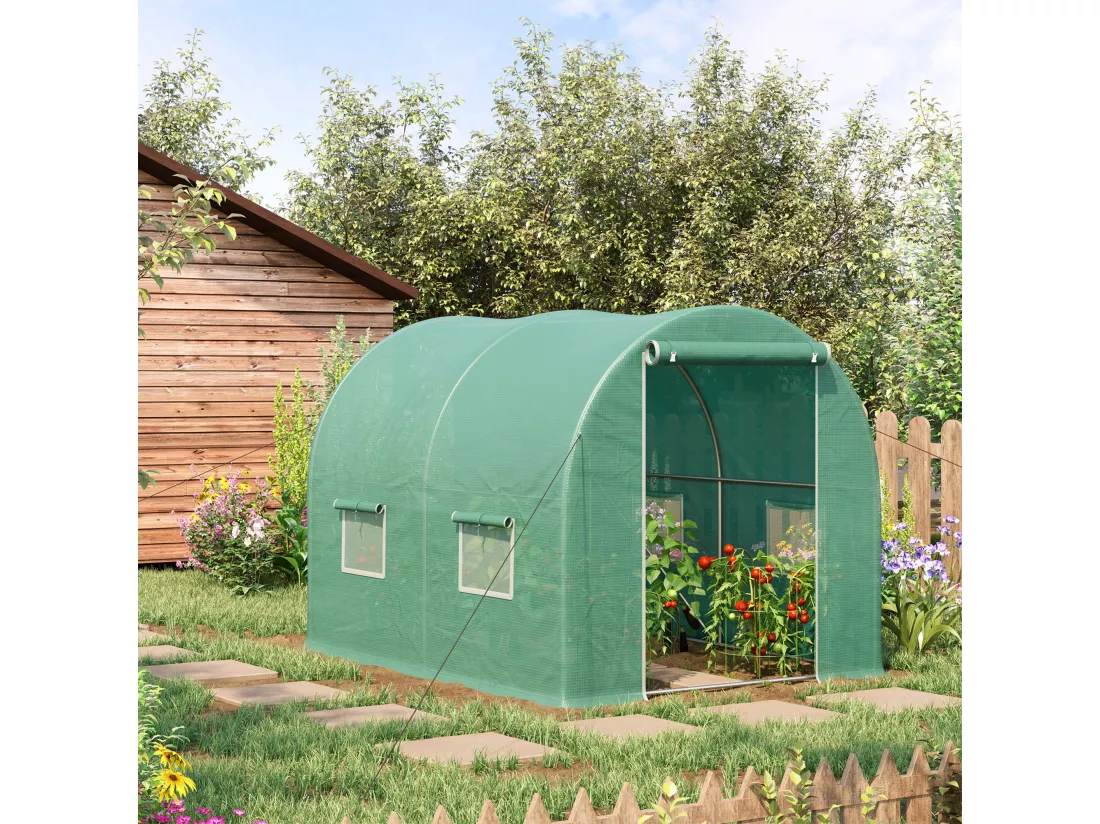 Serre de jardin tunnel 6 m² 3L x 2l x 1,9H m acier galvanisé renforcé diamètre 2,4 cm + PE haute densité fenêtres porte vert