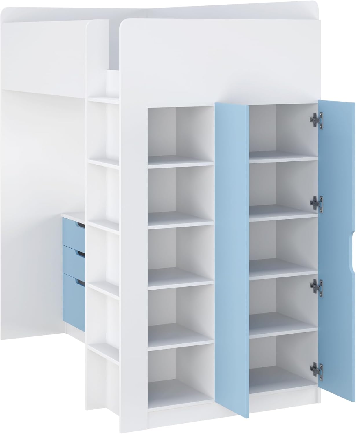 Shefa Kids Hochbett Mit Schreibtisch - Platzsparendes 5-in-1 Hochbett Kinder Mit Treppe, Kleiderschrank, Regal & Arbeitsbereich - Blau, Belastbar Bis 90 Kg, Maße: 206 x 107 cm