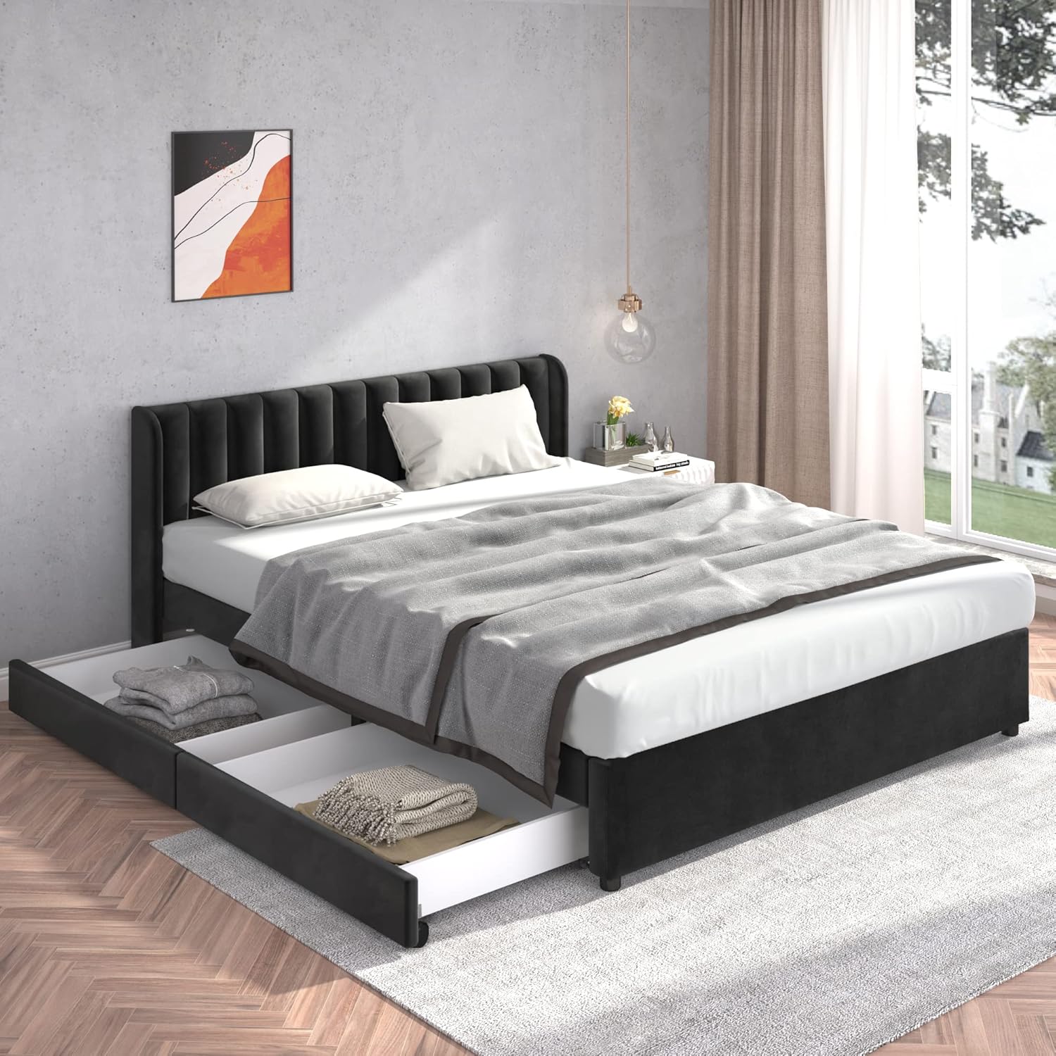 Polsterbett Doppelbett 180x200 cm, Bett mit 2 Stauraum Schubladen und Lattenrost aus Holz, Stauraumbett Bettgestell mit Metallrahmen, Samt, Schwarz (Ohne Matratze)