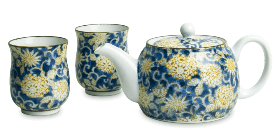 Thee Set 3-delig Bloemenpatroon Blauw Geel
