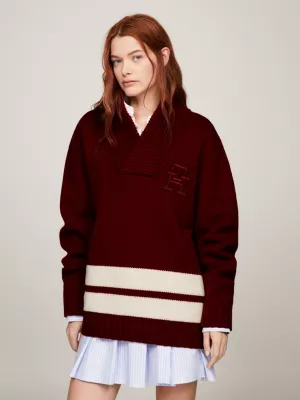Suéter de críquete grande e oversized com gola xale alta, unissex.